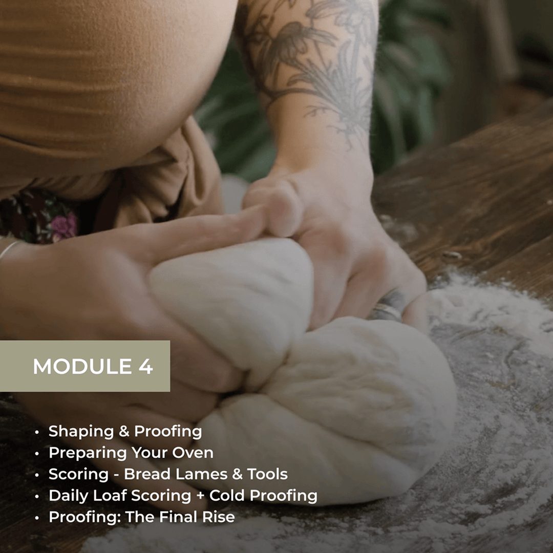 Module 4 showing hands shaping dough with topics: Shaping & Proofing, Preparing Your Oven, Scoring Techniques, Daily Loaf Scoring + Cold Proofing, and Proofing: The Final Rise.