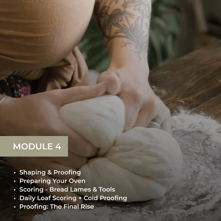 Module 4 showing hands shaping dough with topics: Shaping & Proofing, Preparing Your Oven, Scoring Techniques, Daily Loaf Scoring + Cold Proofing, and Proofing: The Final Rise.