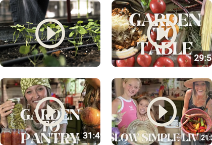 Collage of video thumbnails related to gardening and cooking, featuring text like 'Garden to Table' and 'Garden to Pantry'.