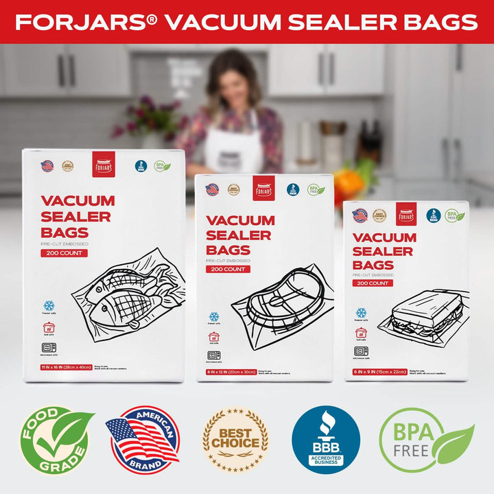 Forjars® 200 Count 8x12 Vacuum Sealer Bags - Textured on Both Sides, 7.5 Mil Thickness