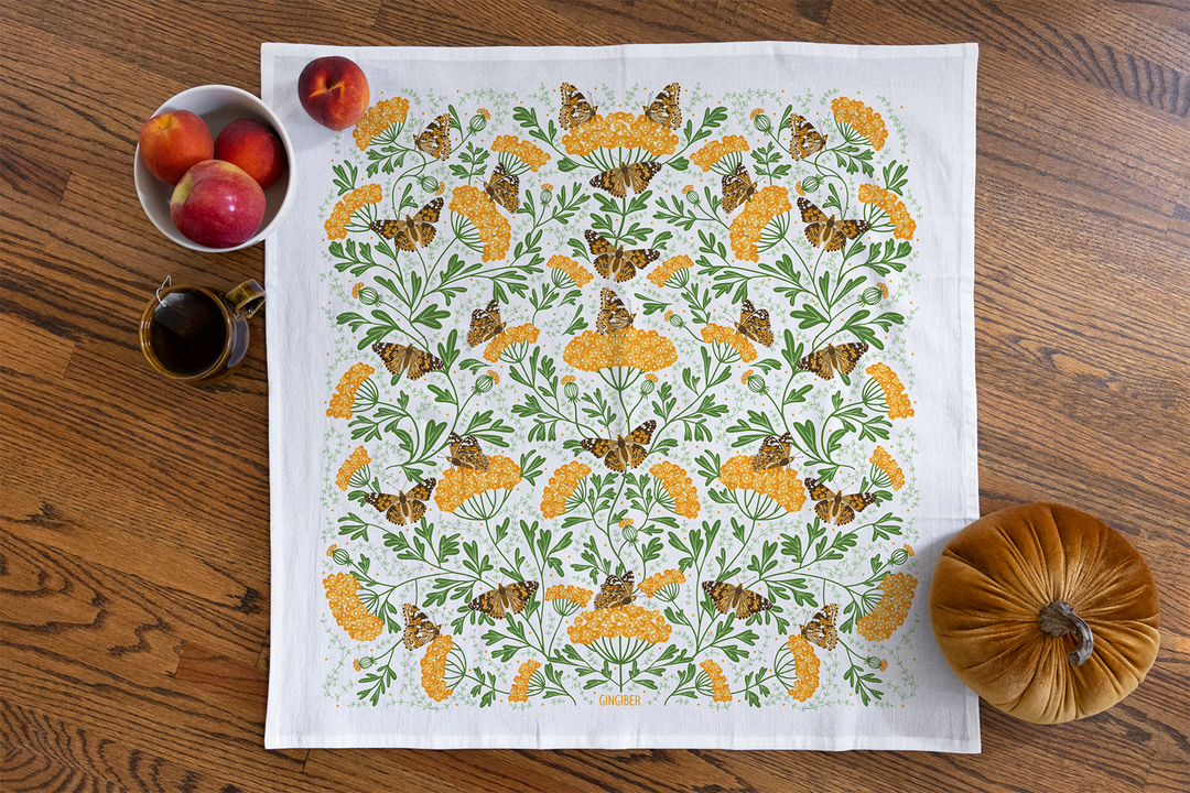 Yarrow & Painted Lady Tea Towel – Fall Floral and Butterfly