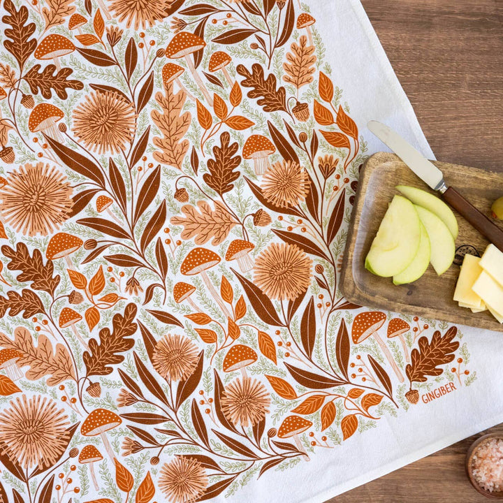 Mushroom Medley Tea Towel - Fall Woodland Kitchen Decor