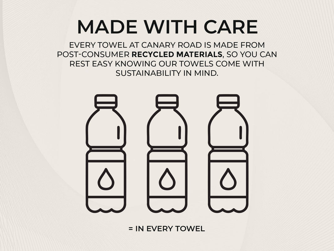 Made with care: three plastic bottles illustration and text about recycled materials in towels.
