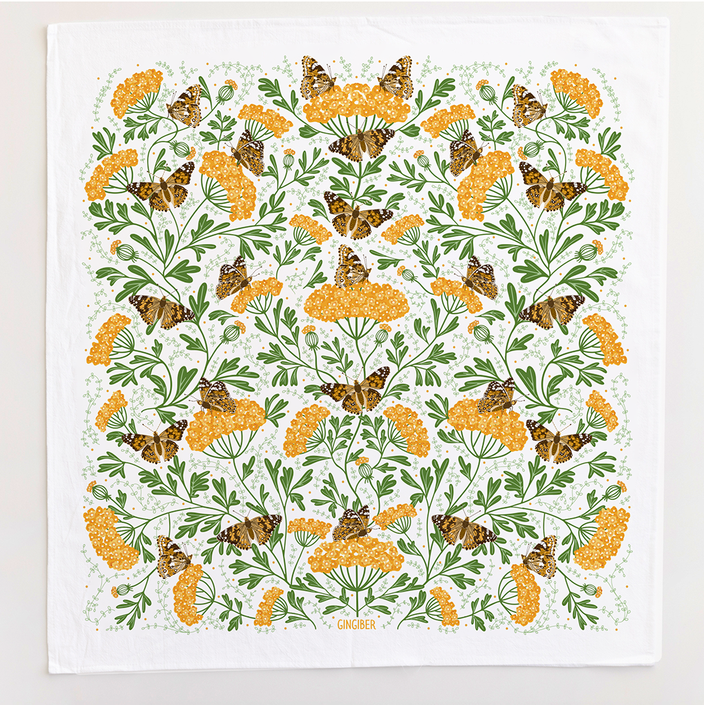 Yarrow & Painted Lady Tea Towel – Fall Floral and Butterfly
