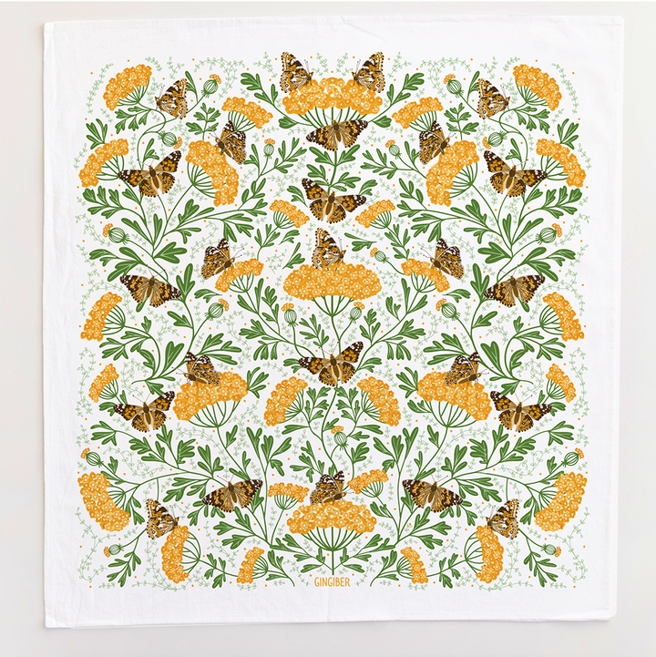 Yarrow & Painted Lady Tea Towel – Fall Floral and Butterfly
