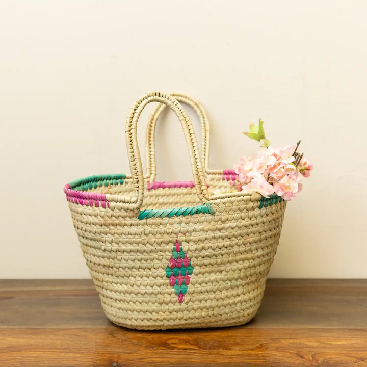 Multi-Colored Oval Kikapu Vegan Palm Tote Basket: Natural