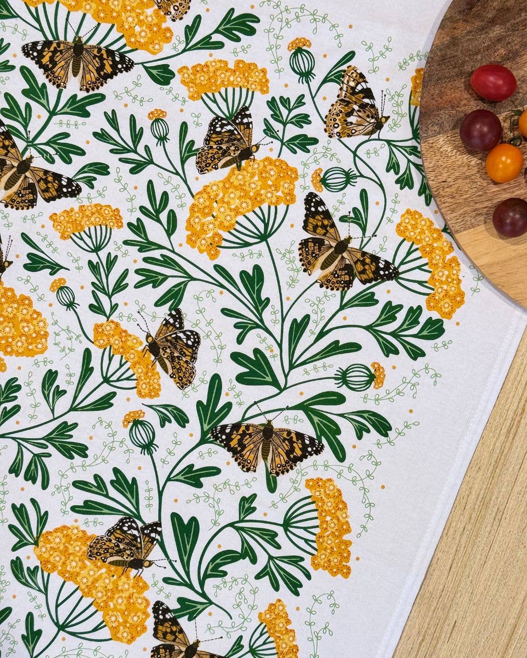 Yarrow & Painted Lady Tea Towel – Fall Floral and Butterfly