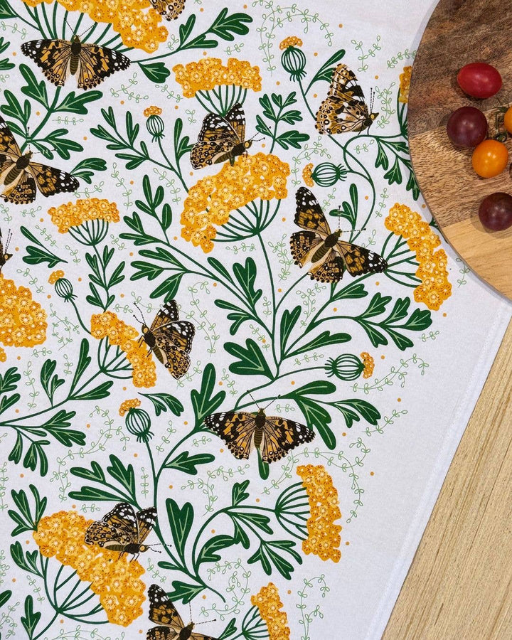 Yarrow & Painted Lady Tea Towel – Fall Floral and Butterfly