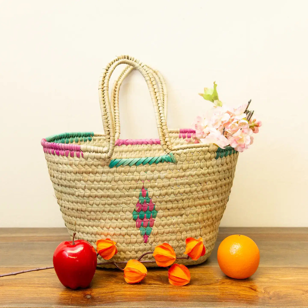 Multi-Colored Oval Kikapu Vegan Palm Tote Basket: Natural