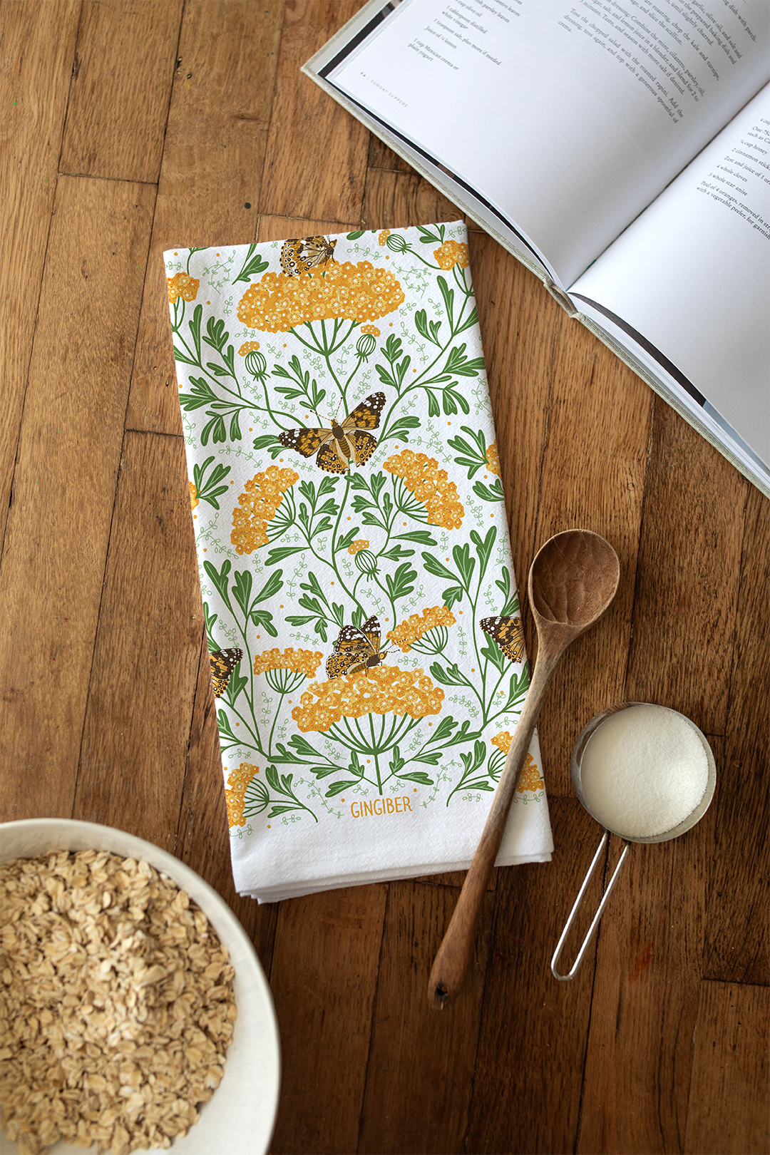 Yarrow & Painted Lady Tea Towel – Fall Floral and Butterfly