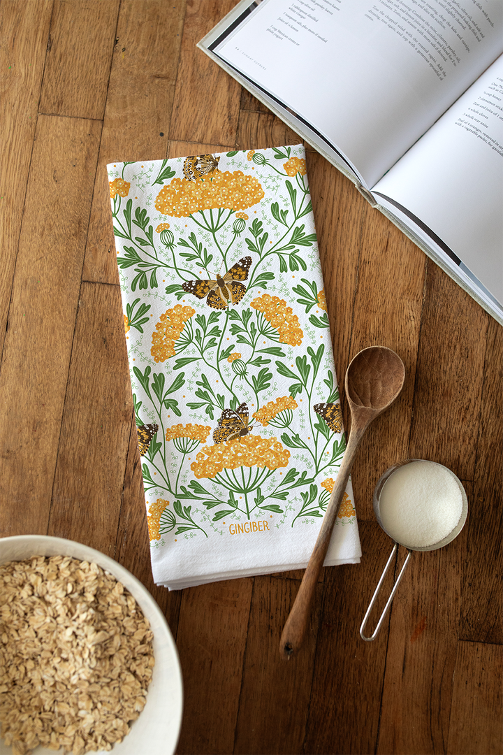 Yarrow & Painted Lady Tea Towel – Fall Floral and Butterfly