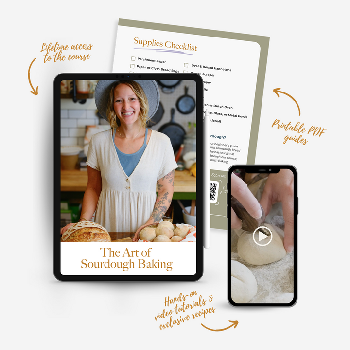 Promotional image for "The Art of Sourdough Baking" course featuring a tablet showing the instructor with bread, a supplies checklist, and text highlighting "Lifetime access," "Printable PDF guides," and "Hands-on video tutorials & exclusive recipes" with a smartphone demonstrating dough shaping techniques.