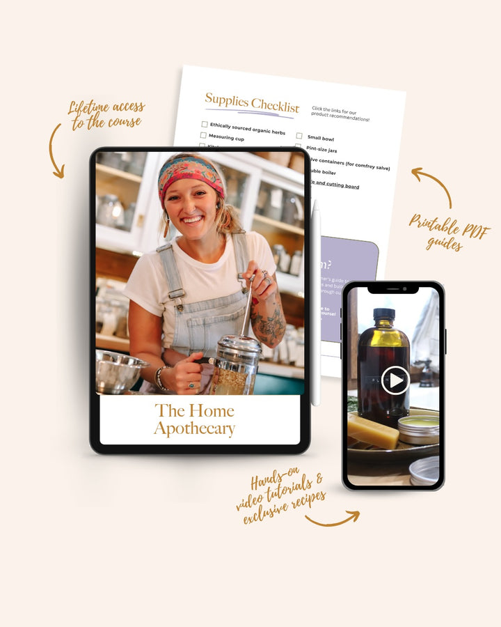 Marketing graphic for "The Home Apothecary" online course showing Jill in overalls and colorful headband working with herbs in a kitchen, displayed on tablet and phone screens alongside course materials including supplies checklist and PDF guides.