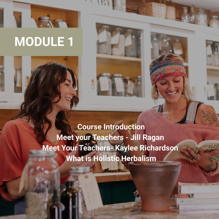 Module 1 introduction covering course overview, instructor introductions for Jill Ragan and Kaylee Richardson, and fundamentals of holistic herbalism.