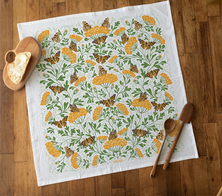 Yarrow & Painted Lady Tea Towel – Fall Floral and Butterfly