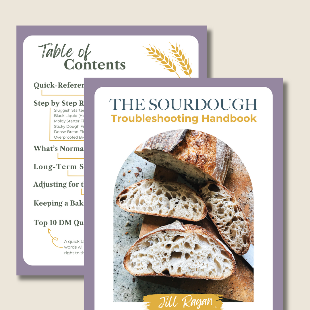 Cover of 'The Sourdough Troubleshooting Handbook' with a table of contents on a light beige background.