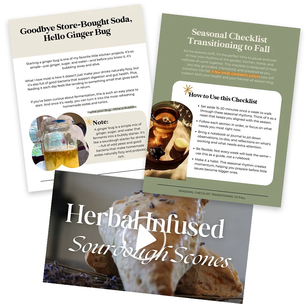 Collage of example resources - ginger bug, fall checklist, and sourdough scones