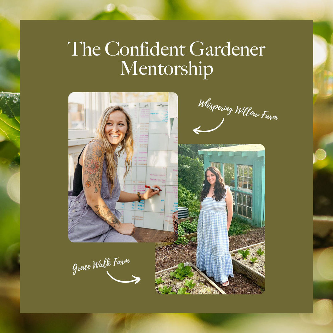 Promotional graphic for 'The Confident Gardener Mentorship' with two women in garden settings.