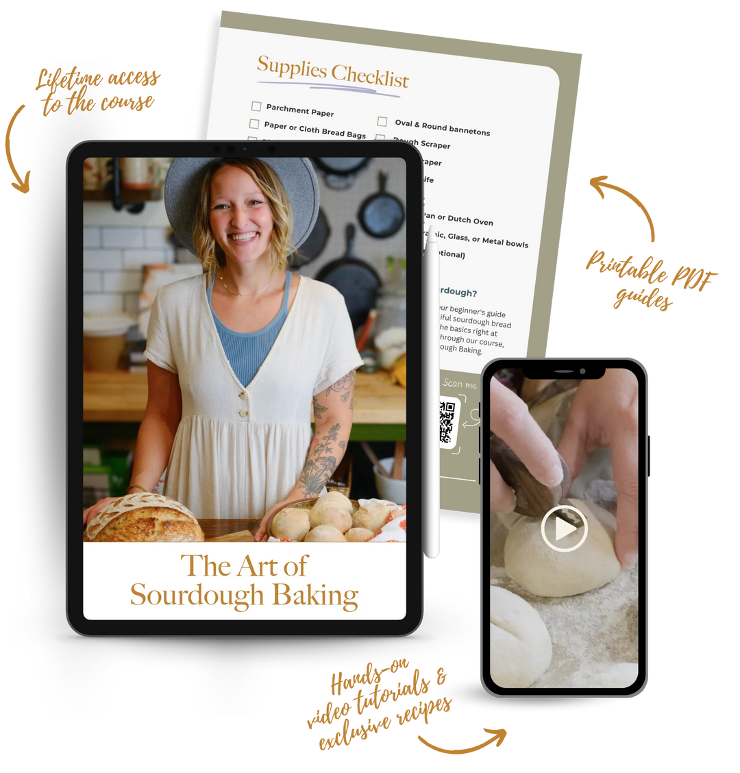 'The Art of Sourdough Baking' course promo with tablet, smartphone, and printed checklist.