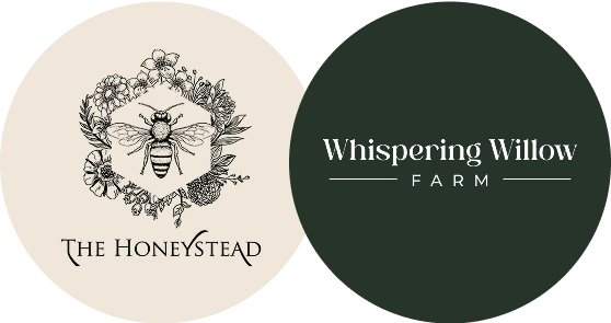 Two circular logos for 'The Honeystead' and 'Whispering Willow Farm'.