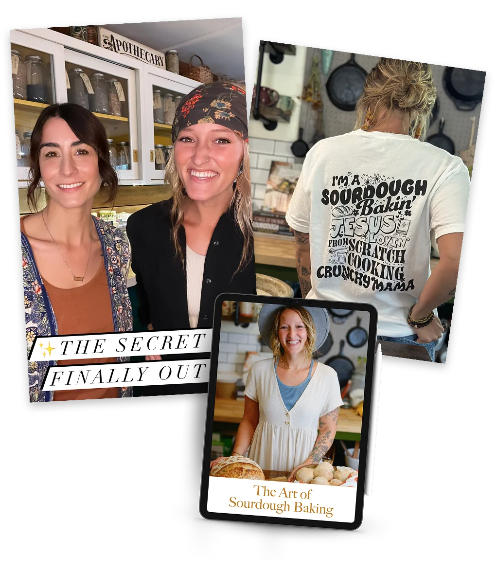 Collage of images with Jill and Kaylee, and the art of sourdough baking on a tablet