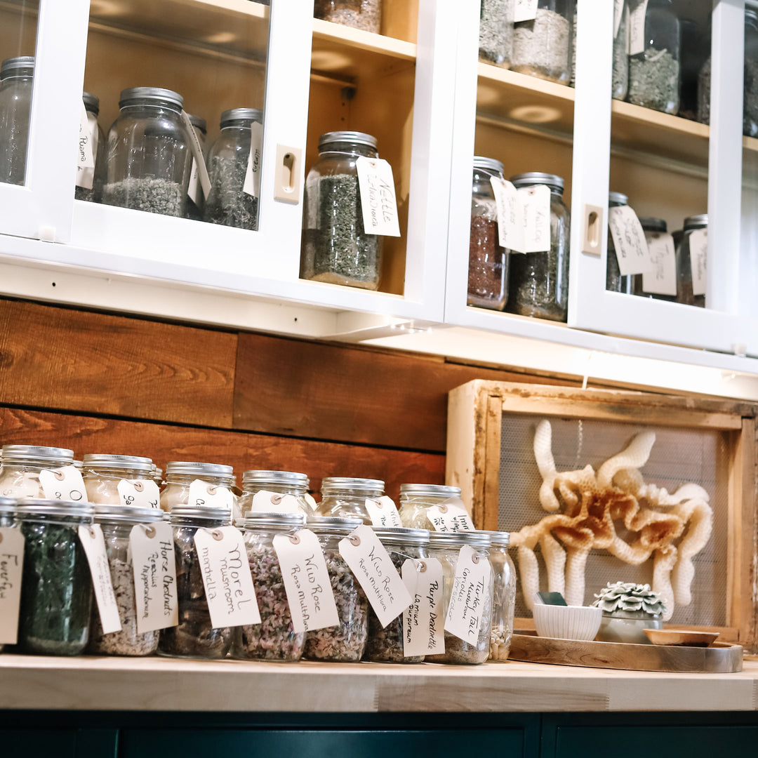 Organized shelves displaying glass jars of various herbs and natural remedies with handwritten labels, alongside decorative elements in a well-lit apothecary-style space.