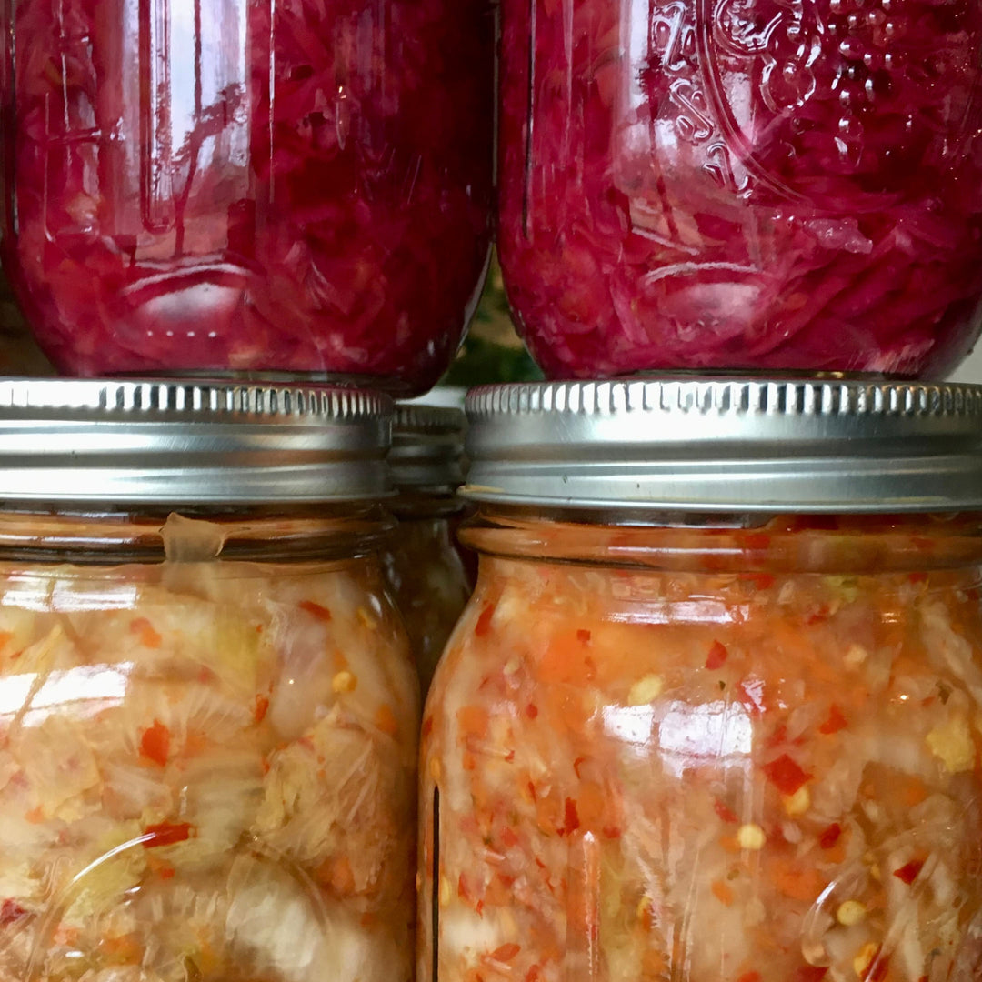 Four mason jars with metal lids containing fermented foods - two with deep red/purple sauerkraut on top and two with lighter colored fermented vegetables below.
